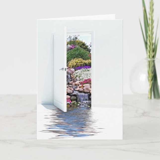 offene Tür mit Wasserfällen, die an Sie denken Karte (Vorderseite)