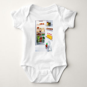 Offener Kühlschrank mit Essen Baby Strampler