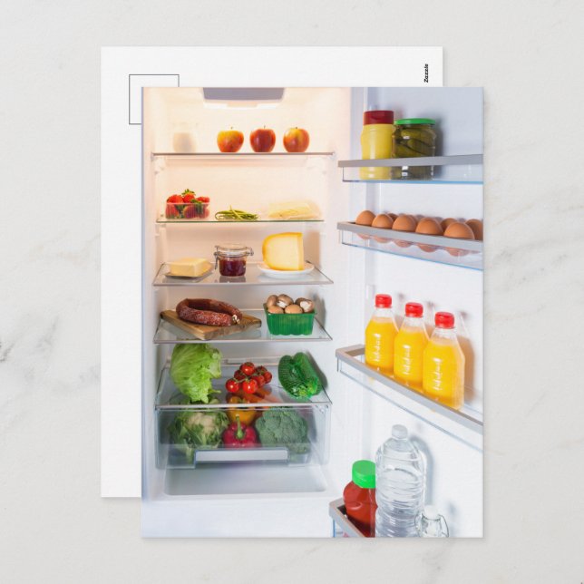 Offener Kühlschrank mit Essen Feiertagspostkarte (Vorne/Hinten)