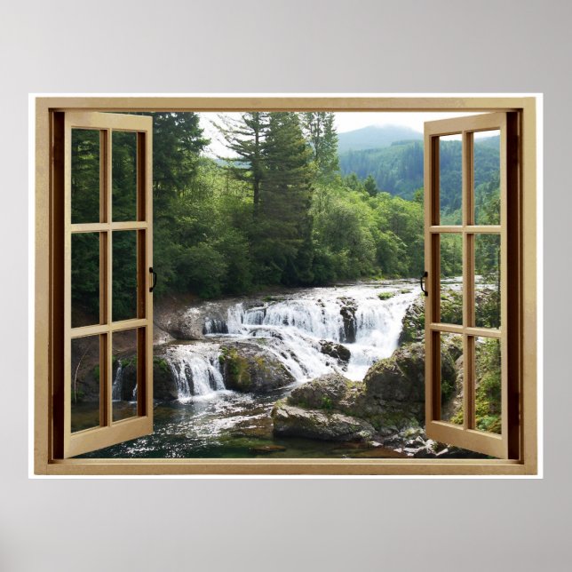 Offener Wasserfall-Fluss am Fenster Poster (Vorne)