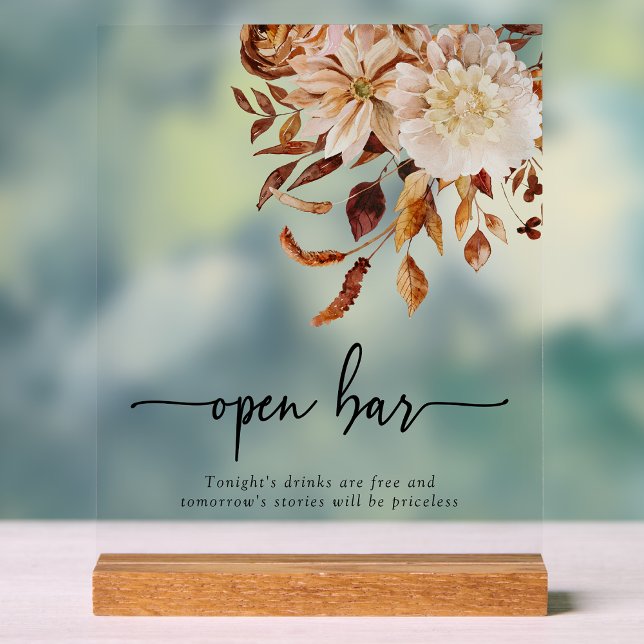 Offenes Bar Fall Akryllisches Zeichen Acrylschild (Fall Watercolor Terracotta Copper Tone Wedding Open Bar Acrylic Sign by Painted Paperie
)
