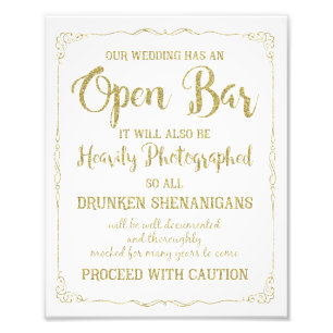 Offenes Bar Hochzeitszeichen Gold Glitzer, Hochzei Fotodruck