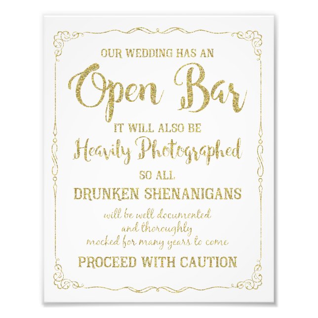Offenes Bar Hochzeitszeichen Gold Glitzer, Hochzei Fotodruck (Vorne)