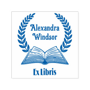 Offenes Buch, Laurel Wreath Ex Libris Name Book Permastempel