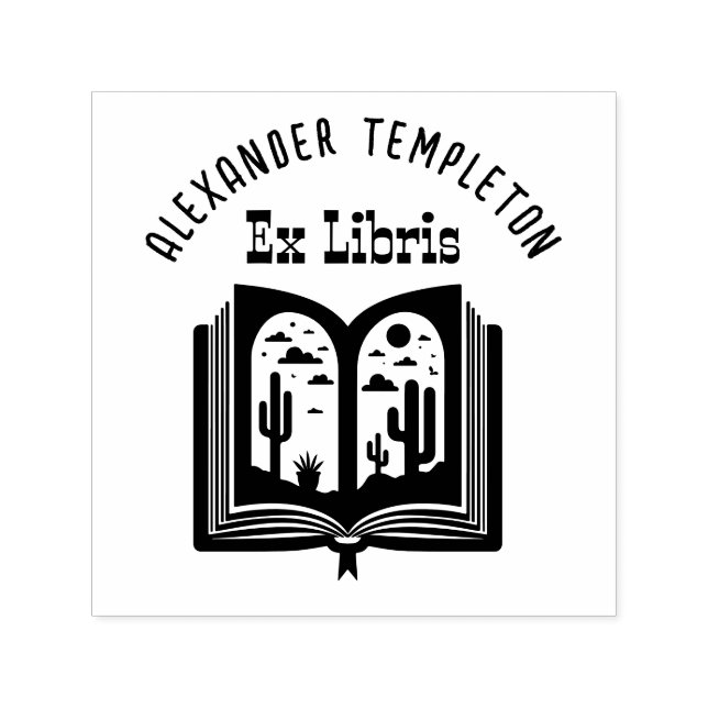 Offenes Buch mit Wüstenlandschaftsseiten "Ex Libri Permastempel (Design)