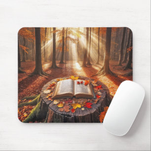 Offenes Buch über den Baumstumpf im Herbst Mousepad