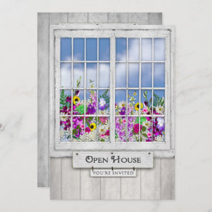 OFFENES HAUS, EINLADUNG, Rustikales Fenster/Blume- Einladung
