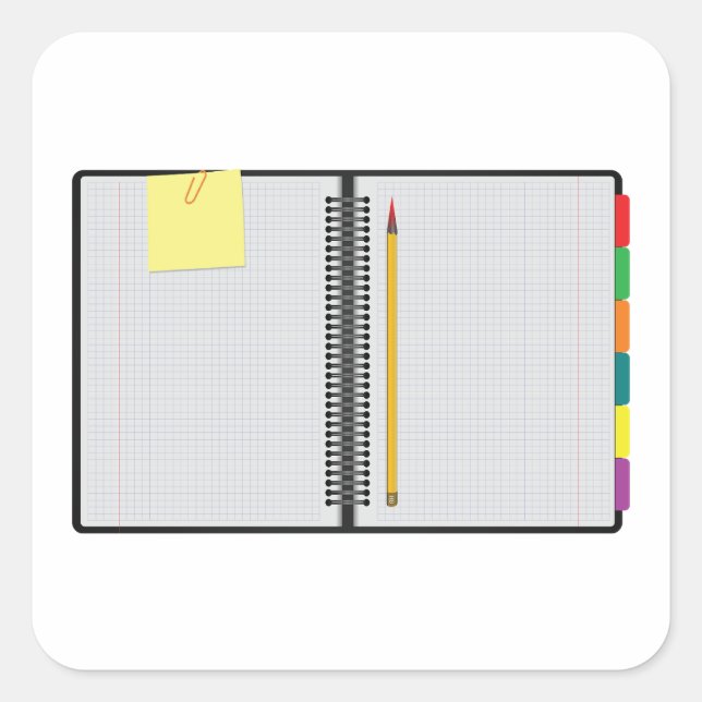 Offenes Notebook und Bleistift Quadratischer Aufkleber (Vorderseite)
