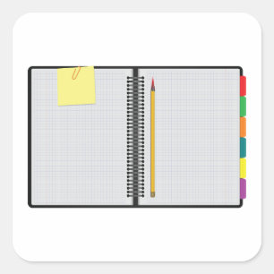 Offenes Notebook und Bleistift Quadratischer Aufkleber