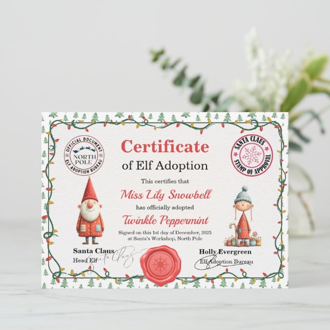 Official North Pole Elf Adoption Certificate  Einladung (Stehend Vorderseite)