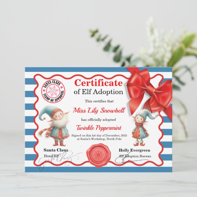 Official North Pole Elf Adoption Certificate  Einladung (Stehend Vorderseite)