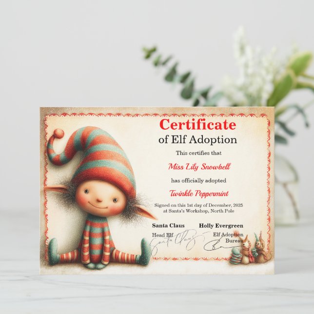 Official North Pole Elf Adoption Certificate  Einladung (Stehend Vorderseite)