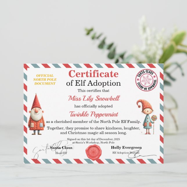 Official North Pole Elf Adoption Certificate  Einladung (Stehend Vorderseite)
