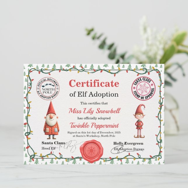 Official North Pole Elf Adoption Certificate  Einladung (Stehend Vorderseite)