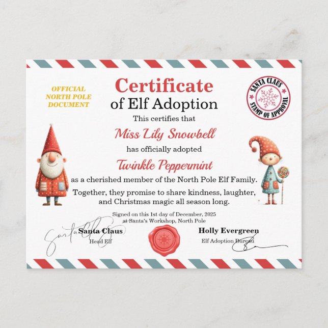 Official North Pole Elf Adoption Certificate  Postkarte (Vorderseite)
