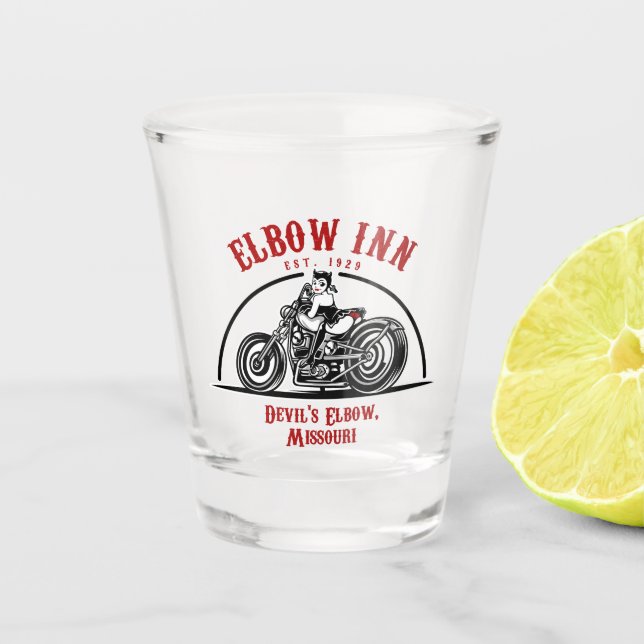 Offiziell Elbow Inn® Biker Lucy Shot Glass Schnapsglas (Vorderseite)