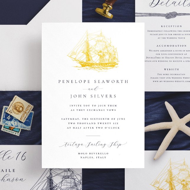 Offizielle Hochzeit eines Schiffes Folieneinladung (Elegant white formal wedding invitation with a gold foil illustration of a ship)
