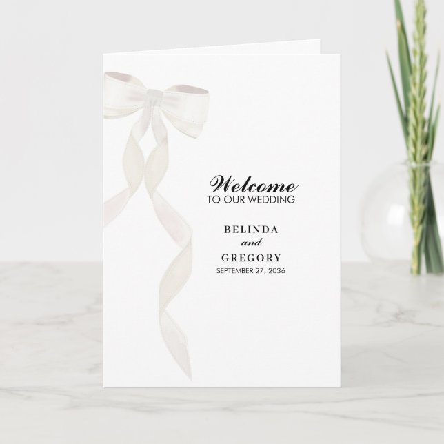 Offizielle White Bow Ribbon Wedding Order of Servi Programm (Vorderseite)