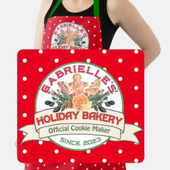 Offizieller Cookie Maker Personalisierte Weihnacht Schürze (Close up view of Official Holiday Bakery Cookie Maker apron.  Personalized with a name and year)