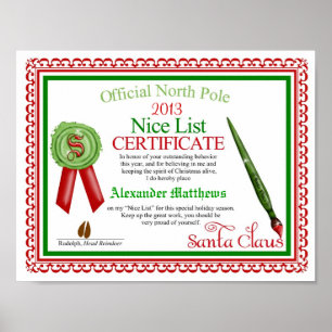 Offizielles Santa Claus Nice-Listzertifikat Poster