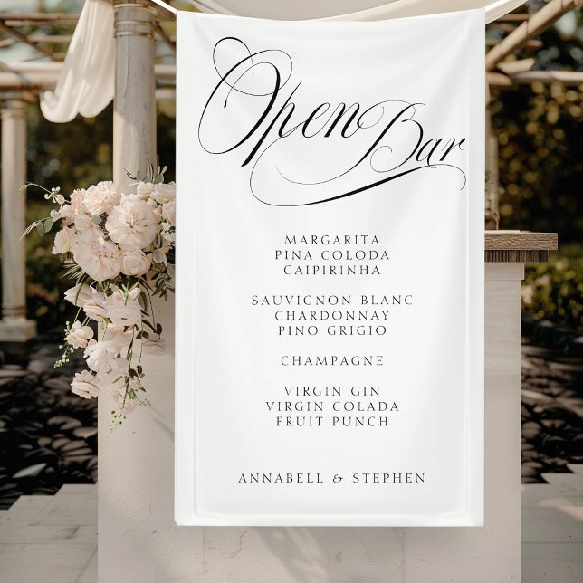 Öffnen Sie Bar! Modern, kalligrafisch, weiß Banner ("Open Bar" Modern, Calligraphy, White, Drink Menu Banner for Wedding or other Occasions.)