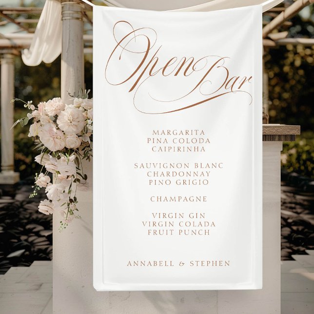 Öffnen Sie Bar! Modern, kalligrafisch, weiß Banner ("Open Bar" Modern, Calligraphy, White, Drink Menu Banner for Wedding or other Occasions.)