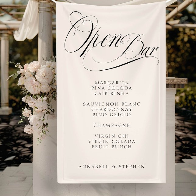 Öffnen Sie Bar! Moderne, Kalligraphie, Beige Banner ("Open Bar" Modern, Calligraphy, Beige, Drink Menu Banner for Wedding or other Occasions.)