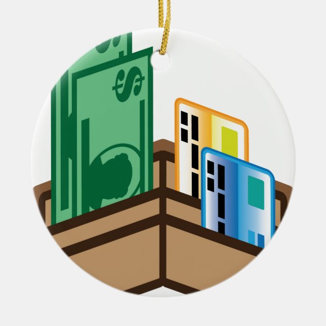 Öffnen Sie Geldbörsen-Ikonenrechnungen und -karten Keramikornament (Vorne)