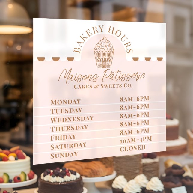 Öffnungszeiten des Chic Pink Cupcake Bakery Pastry Fensteraufkleber (Chic Pink Cupcake Bakery Pastry Shop Store Hours Window Cling)