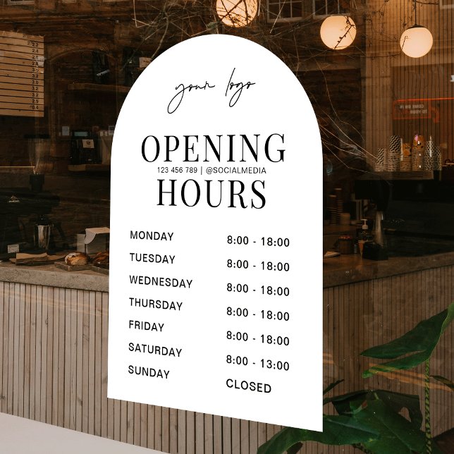 Öffnungszeiten für das White-Arch-Logo Fensteraufkleber (Modern white arch business opening times window cling sign for your shop, salon or office)
