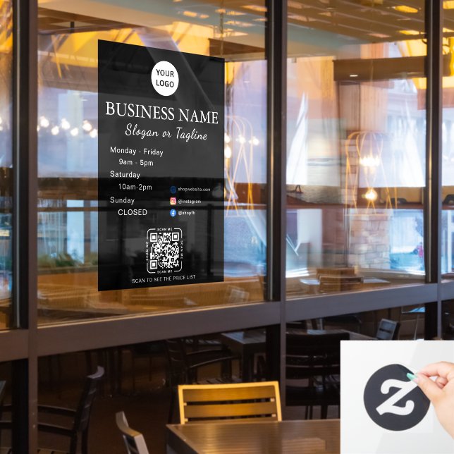 Öffnungszeiten Geschäft Moderne Schrift & QR, Sozi Fensteraufkleber (Restaurantfenster)