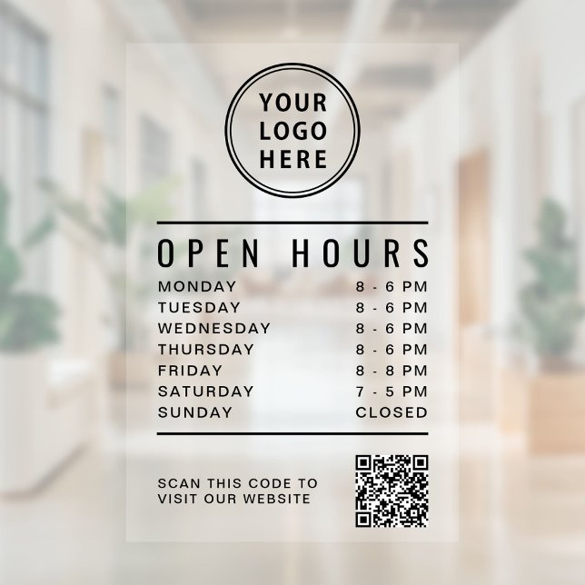Öffnungszeiten QR-Code Firmenlogo Fensteraufkleber (Minimalist Open Hours QR Code Business Logo Window Cling)