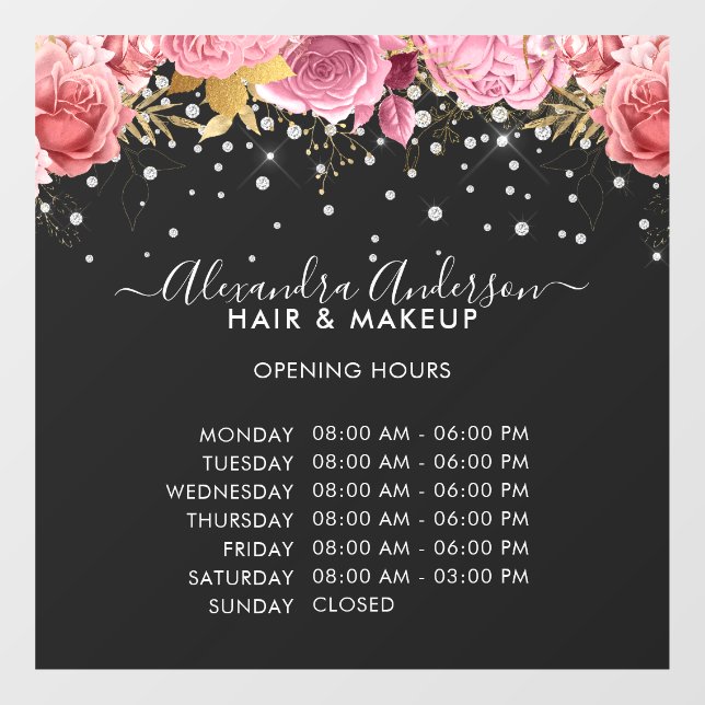 Öffnungszeiten Schwarz-Rosa-Blütendiamanten Glitze Fensteraufkleber (Blatt)