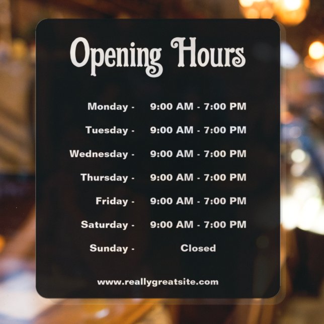 Öffnungszeiten Zeit modern Schwarz und Weiß Fensteraufkleber (Von Creator hochgeladen)