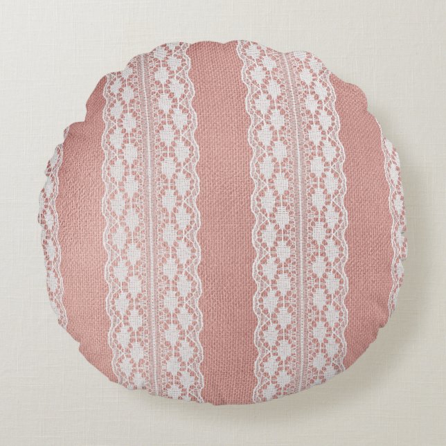 Offweiße Spitzen auf metallischer Rose Goldenes Tu Rundes Kissen (Vorderseite)