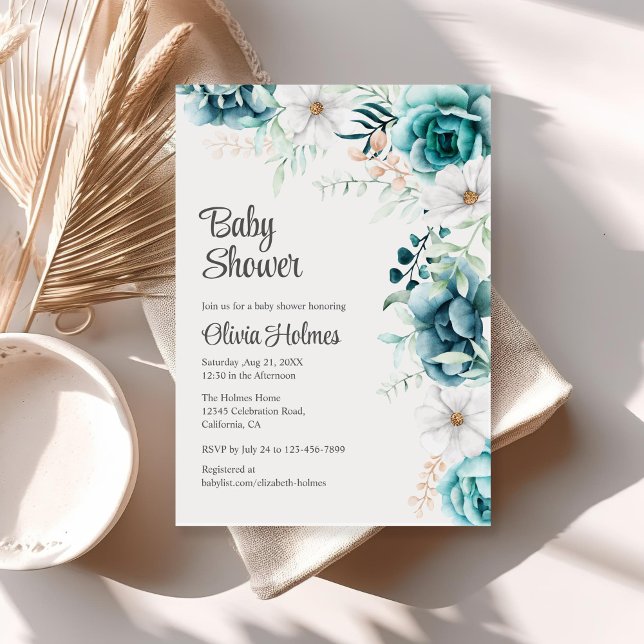 Offweiße und Aquamarine Blütendusche Einladung (Off-White and Teal Floral Baby Shower Invitation)