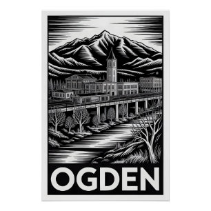 Ogden Utah Skyline Schwarz Weiß Holzschnitt Poster