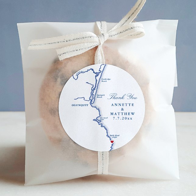 Ogunquit Maine Gastgeschenk Hochzeit Vielen Dank Runder Aufkleber (Ogunquit Maine Wedding Favor Thank You Sticker Labels with movable red heart
)