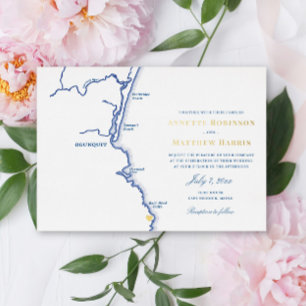 Ogunquit Maine Hochzeit Elegant Navy und Gold Folieneinladung
