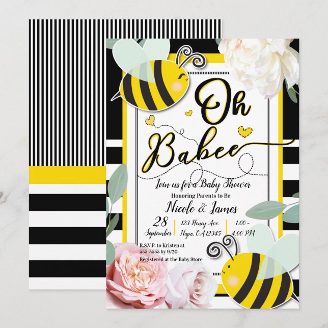 Oh BaBEE Bee Floral Chic Yellow Baby Shower Einladung (Vorne/Hinten)
