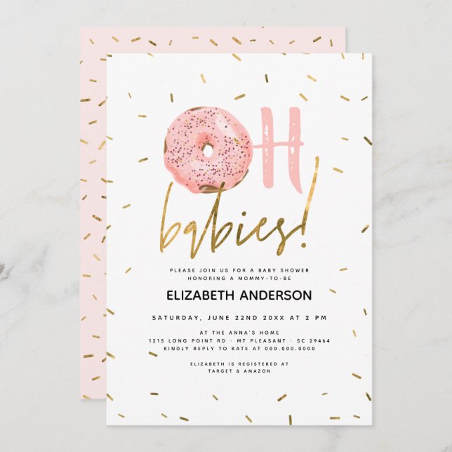 Oh Babies Donut & Sprinkles Gold Girl Baby Dusche  Einladung (Vorne/Hinten)