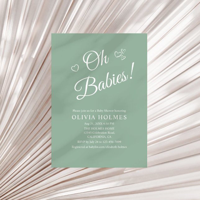 Oh Babies Sage Green Twin Baby Shower Invitation Einladung (Oh Babies Sage Green Twin Baby Shower Invitation on a sunny neutral dry palm leaf.)