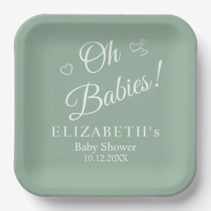 Oh Babies Salbeigrüne Zwillings-Baby-Party-Teller Pappteller