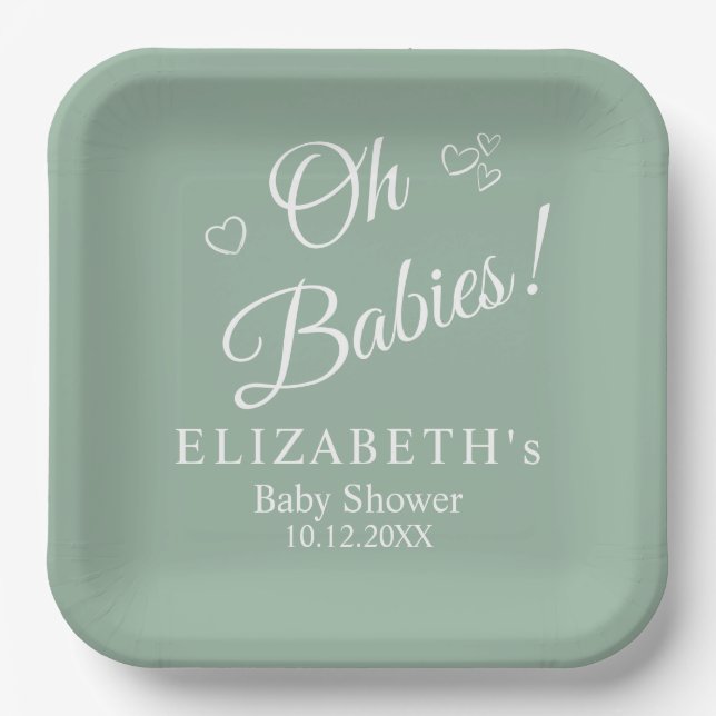 Oh Babies Salbeigrüne Zwillings-Baby-Party-Teller  Pappteller (Vorderseite)