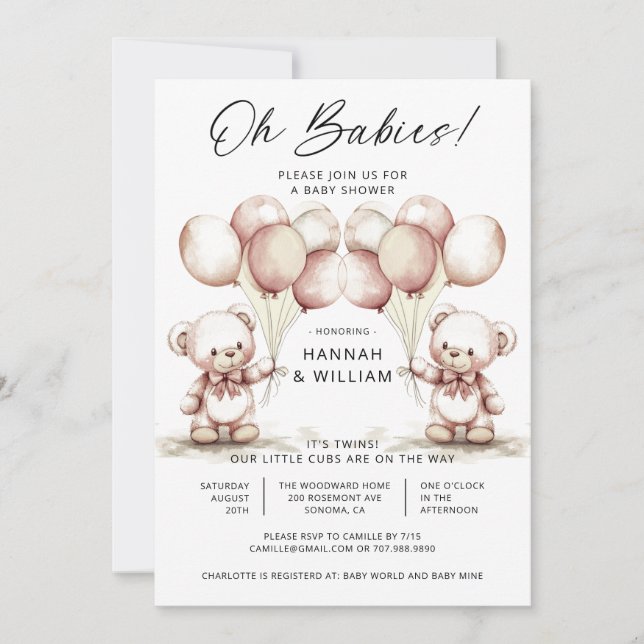 Oh Babies Twins Cute Watercolor Bears Baby Shower Einladung (Vorderseite)