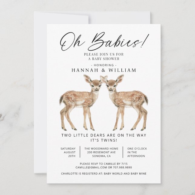 Oh Babies Twins Watercolor Deers Baby Shower Einladung (Vorderseite)