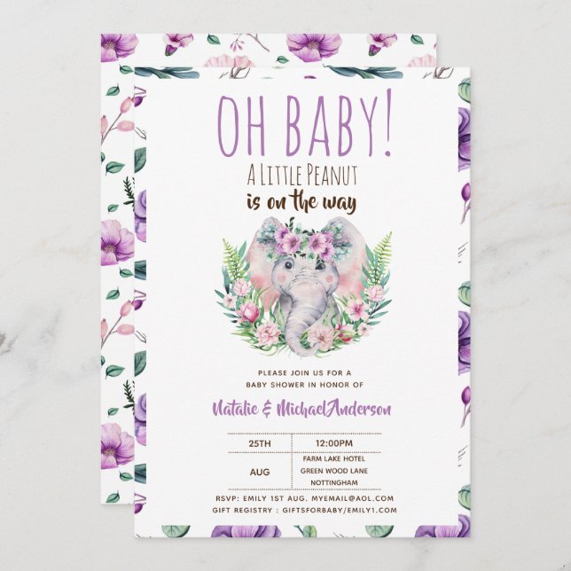 Oh Baby A Little Peanut Boho Elephant Baby Dusche Einladung (Vorne/Hinten)