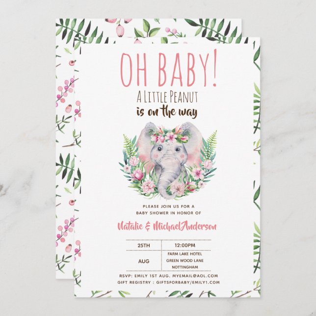 Oh Baby A Little Peanut Boho Elephant Baby Dusche Einladung (Vorne/Hinten)