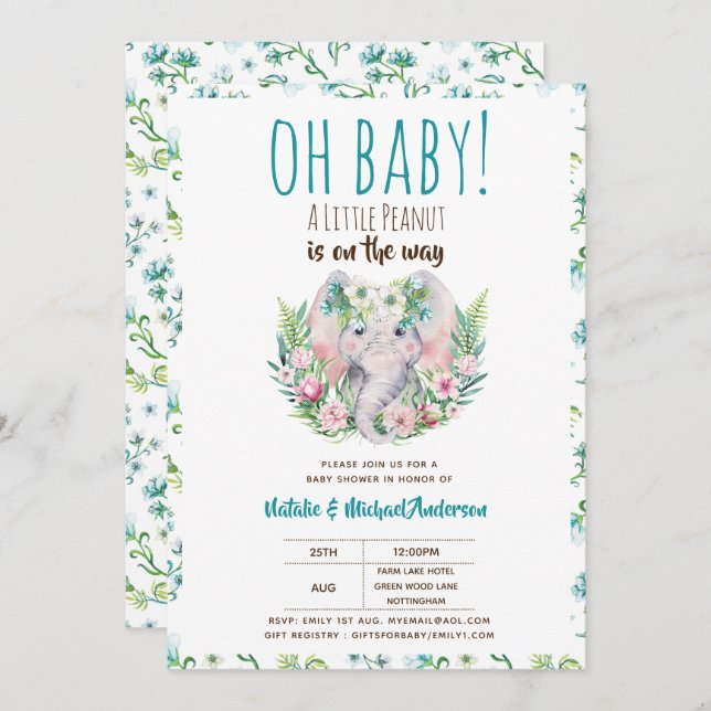 Oh Baby A Little Peanut Boho Elephant Baby Dusche Einladung (Vorne/Hinten)
