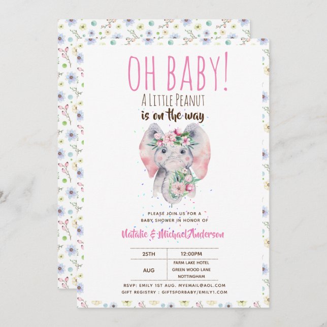 Oh Baby A Little Peanut Boho Elephant Boho Blume Einladung (Vorne/Hinten)